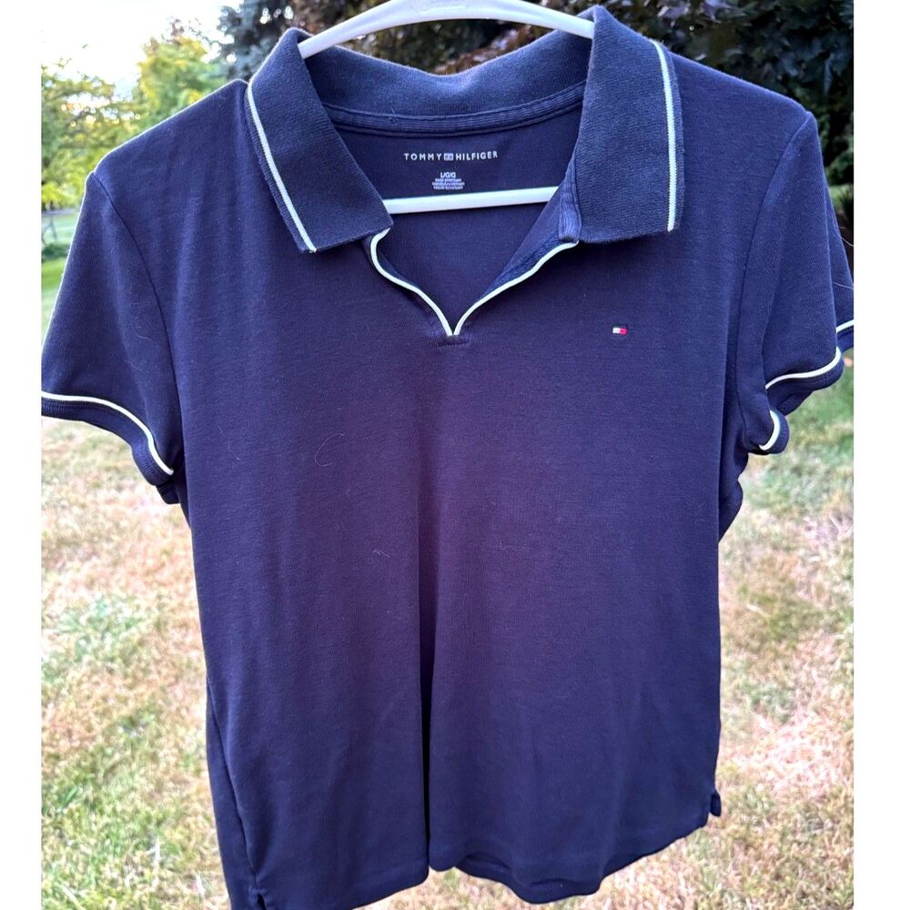 Ladies Tommy Hilfiger Navy Blue Short Sleeve Polo Knit Shirt Size L
